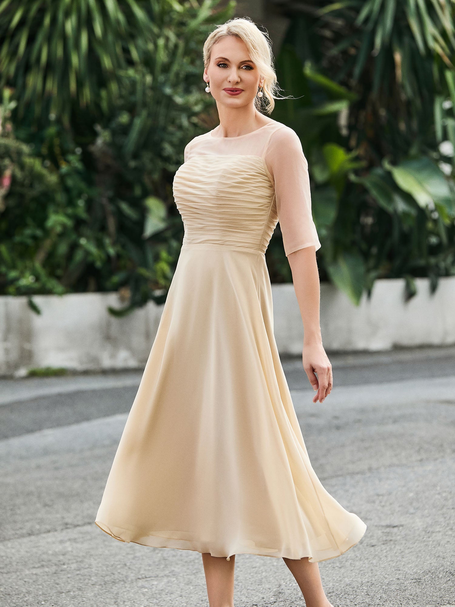 Square Neck Half Sleeve Chiffon Tea-Length Dress Flamingo main image 1