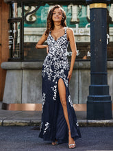 Spaghetti Straps High Slit Tulle Gown Dark Navy