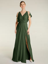 V-neck Long Chiffon Dress with Slit for Bridesmaids Olive Green