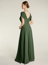 V-neck Long Chiffon Dress with Slit for Bridesmaids Olive Green