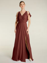 V-neck Long Chiffon Dress with Slit for Bridesmaids Terracotta