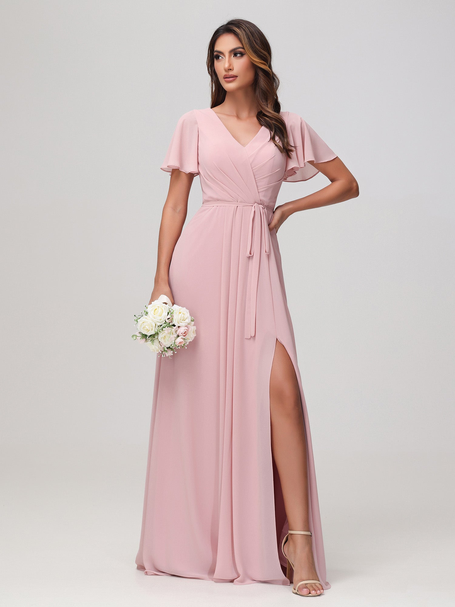 Elegant Flutter Sleeves Square Chiffon Dresses With Slit Sage main image 0