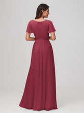 Flutter Sleeves Ruched Chiffon Dress with Slit Cinnamon Rose