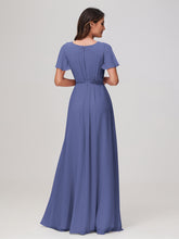Flutter Sleeves Ruched Chiffon Dress with Slit Periwinkle