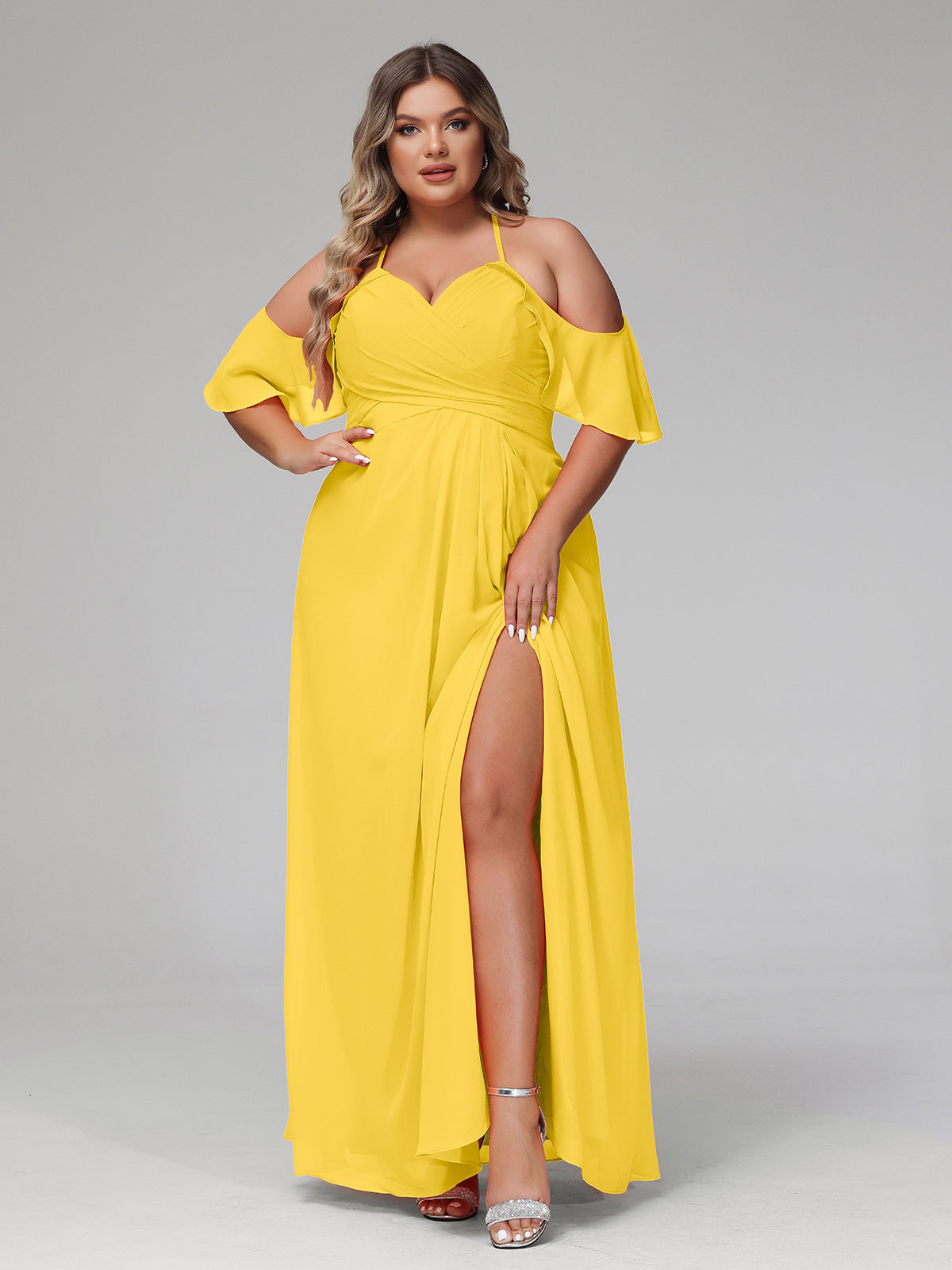 Empire Ruffle Trimmed Sleeves Spaghetti Strap Dress Marigold Plus