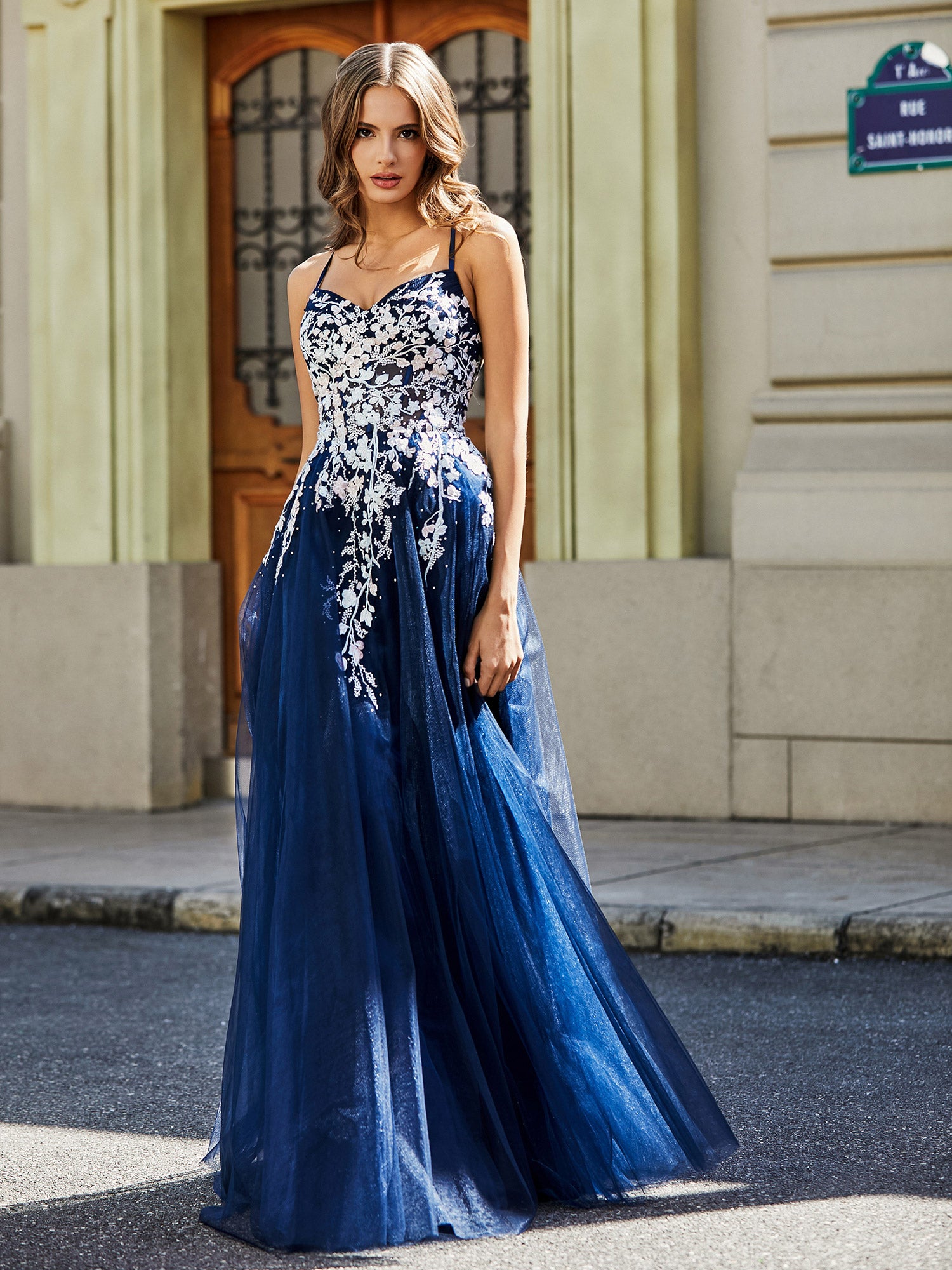 Blue lace hot sale evening gown