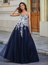 Square Neckline Lace Appliqued Tulle Gown Dark Navy