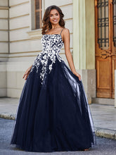Square Neckline Lace Appliqued Tulle Gown Dark Navy