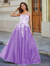 Square Neckline Lace Appliqued Tulle Gown Lilac