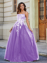 Square Neckline Lace Appliqued Tulle Gown Lilac