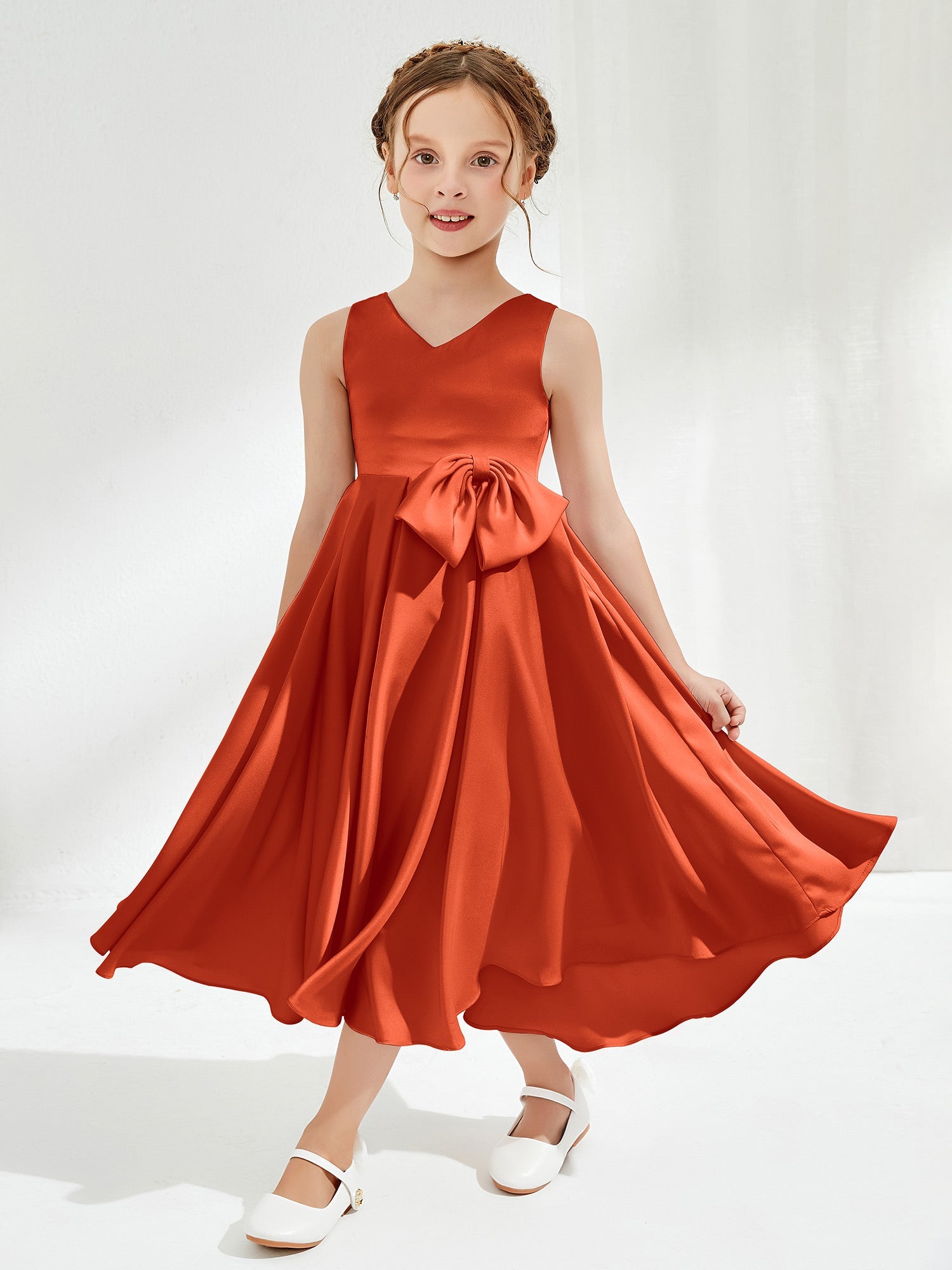 V-Neck Acetate Satin Girl's Dress with Bow Burnt Orange – BABARONI UK