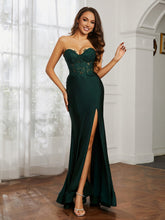 Appliqued Bodice Mermaid Dress With Slit Dark Green