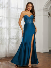 Appliqued Bodice Mermaid Dress With Slit Ocean Blue
