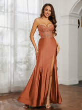 Appliqued Bodice Mermaid Dress With Slit Rust