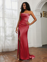 Strapless Pleated Sweep Train Gown With Slit Burgundy