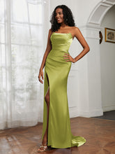 Strapless Pleated Sweep Train Gown With Slit Clover