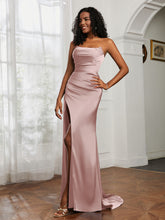 Strapless Pleated Sweep Train Gown With Slit Dusty Rose