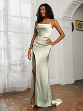 Strapless Pleated Sweep Train Gown With Slit Dusty Sage
