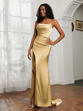Strapless Pleated Sweep Train Gown With Slit Gold