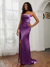 Strapless Pleated Sweep Train Gown With Slit Grape