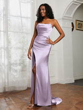 Strapless Pleated Sweep Train Gown With Slit Lilac