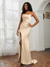 Strapless Pleated Sweep Train Gown With Slit Peach