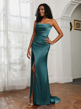 Strapless Pleated Sweep Train Gown With Slit Peacock
