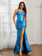 Sequin Applique Sheath Dress With Slit Ocean Blue