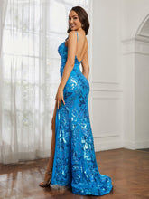 Sequin Applique Sheath Dress With Slit Ocean Blue