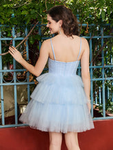 A-line Halter Tulle Tiered Short Dress Sky Blue