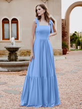 Square Neckline Ruched Chiffon Floor-length Dress Blue