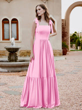 Square Neckline Ruched Chiffon Floor-length Dress Candy Pink