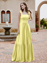 Square Neckline Ruched Chiffon Floor-length Dress Daffodil