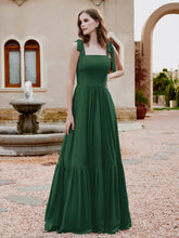 Square Neckline Ruched Chiffon Floor-length Dress Dark Green