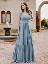 Square Neckline Ruched Chiffon Floor-length Dress Dusty Blue