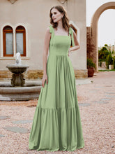 Square Neckline Ruched Chiffon Floor-length Dress Dusty Sage