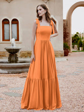Square Neckline Ruched Chiffon Floor-length Dress Orange