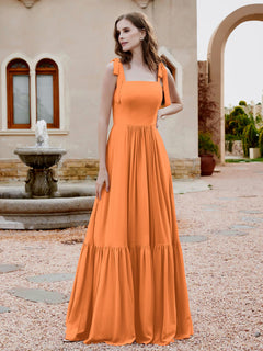 Square Neckline Ruched Chiffon Floor-length Dress Orange