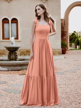 Square Neckline Ruched Chiffon Floor-length Dress Papaya
