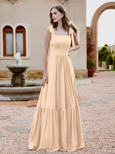 Square Neckline Ruched Chiffon Floor-length Dress Peach