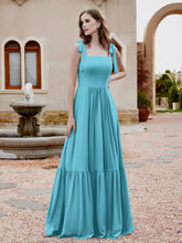 Square Neckline Ruched Chiffon Floor-length Dress Pool
