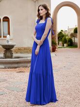 Square Neckline Ruched Chiffon Floor-length Dress Royal Blue