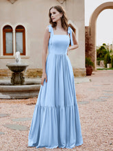 Square Neckline Ruched Chiffon Floor-length Dress Sky Blue