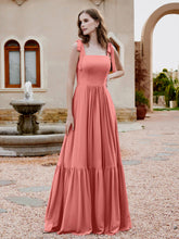 Square Neckline Ruched Chiffon Floor-length Dress Sunset