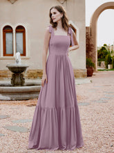 Square Neckline Ruched Chiffon Floor-length Dress Vintage Mauve
