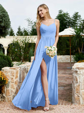 Spaghetti Straps V-neck Chiffon Dress With Slit Blue