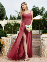 Spaghetti Straps V-neck Chiffon Dress With Slit Burgundy