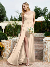 Spaghetti Straps V-neck Chiffon Dress With Slit Champagne