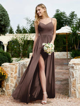 Spaghetti Straps V-neck Chiffon Dress With Slit Chocolate