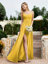Spaghetti Straps V-neck Chiffon Dress With Slit Marigold